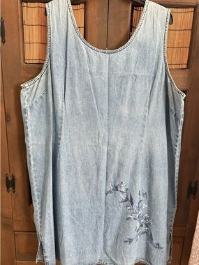 Light Blue Denim Women's Mini Dress with Embroidered Floral Accent